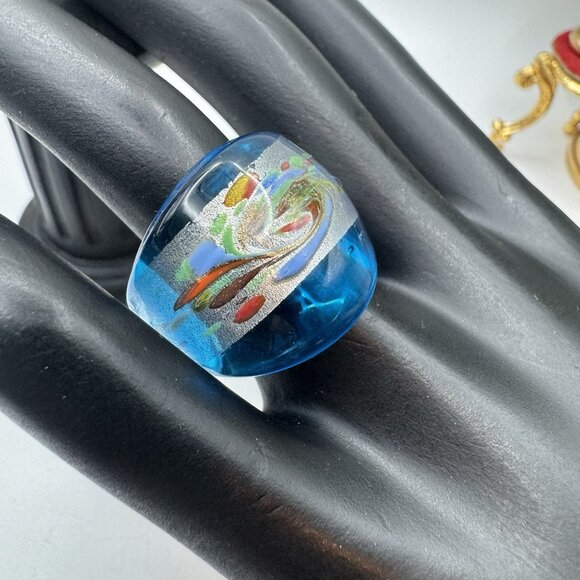 Murano Artisan Hand Blown Art Glass Ring Blue And Silver Swirl Sz 7 Pretty - Picture 1 of 12